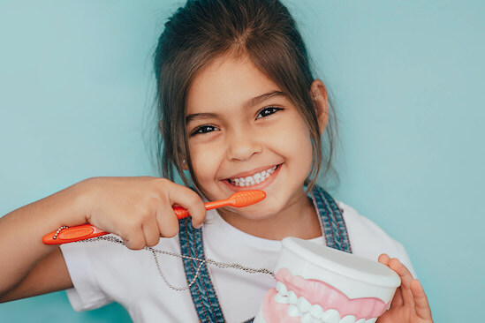 A smiling young girl brushing a model of teeth with an orange toothbrush, demonstrating proper brushing technique.